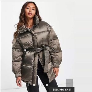 Mango belted puffer coat in brown